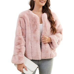 Women's Faux Fur Coat Long Sleeves Open Front Warm Winter Cropped Jacket Pink